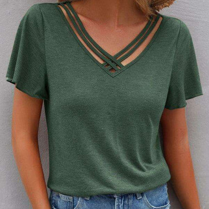 Chic V-Neck Tee with Cross Straps - Effortless Everyday Elegance