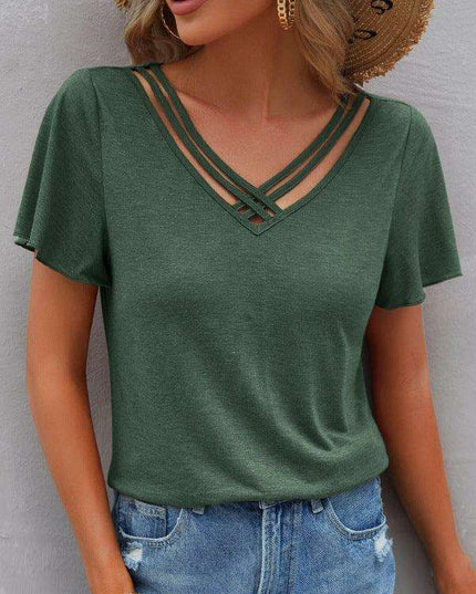Chic V-Neck Tee with Cross Straps - Effortless Everyday Elegance