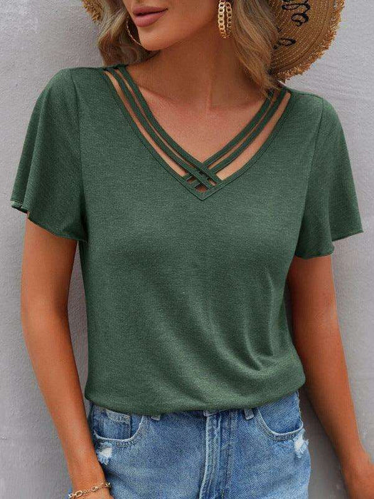 Chic V-Neck Tee with Cross Straps - Effortless Everyday Elegance