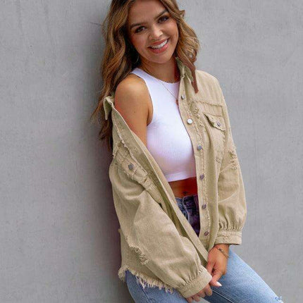 Edgy Elegance: Distressed Raw-Edge Denim Jacket for Effortless Style