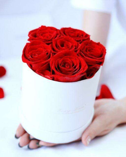 Everlasting Romance: 12 Stem Preserved Red Rose Bouquet in Elegant Round Case