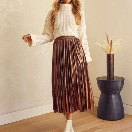 Radiant Elegance: Stylish High-Waist Pleated Midi Skirt