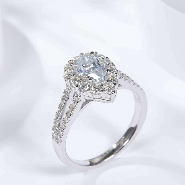 Radiant Teardrop Moissanite Split Shank Ring - Platinum-Plated Sterling Silver - 1.74 Carats Total Weight