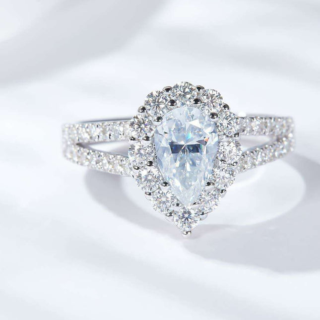 Radiant Teardrop Moissanite Split Shank Ring - Platinum-Plated Sterling Silver - 1.74 Carats Total Weight