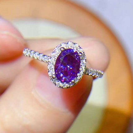 Regal Amethyst Moissanite and Silver Ring with Sparkling Zircon Accents - Très Elite
