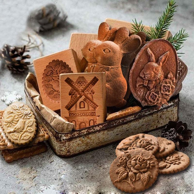 Retro Beech Wood Cookie Mold with 3D Embossed Designs - Elevate Your Baking Artistry! - Très Elite