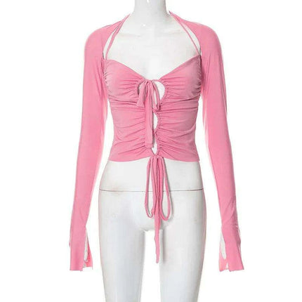 Retro Y2K Halter Crop Top and Smock Tee Set with Chic Cut-Outs - Très Elite