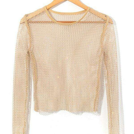 Rhinestone-Embellished Sheer Mesh Crop Top for Fashion-Forward Women