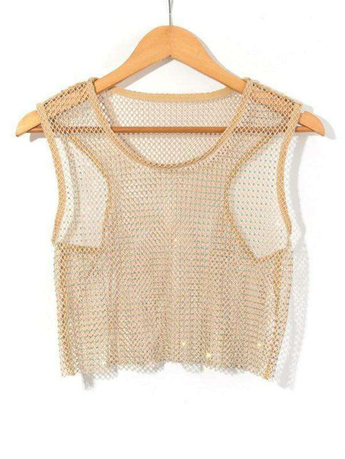 Rhinestone-Studded Sheer Mesh Crop Top
