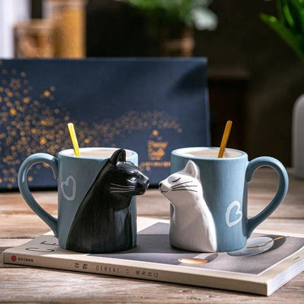 Romantic Cat-Themed Couple's Ceramic Coffee Mugs - Set of 2 - Très Elite