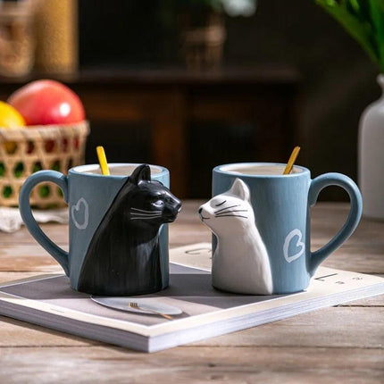 Romantic Cat-Themed Couple's Ceramic Coffee Mugs - Set of 2