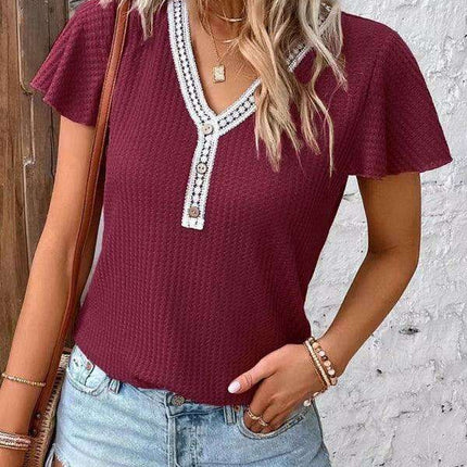 Romantic Flutter Sleeve Lace Trim Waffle Knit Top for Women
