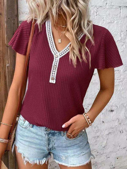 Romantic Flutter Sleeve Lace Trim Waffle Knit Top for Women