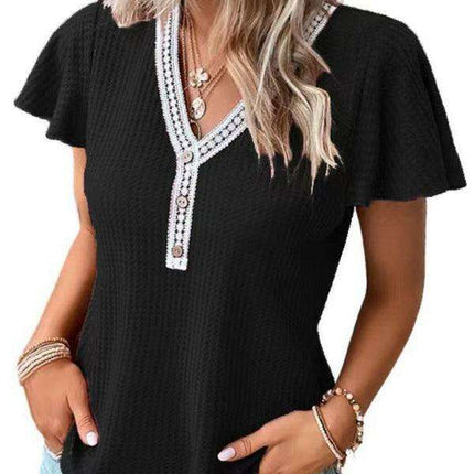 Romantic Flutter Sleeve Lace Trim Waffle Knit Top for Women