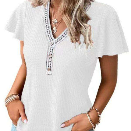 Romantic Flutter Sleeve Lace Trim Waffle Knit Top for Women