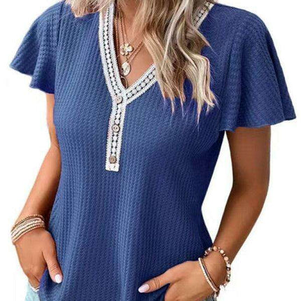 Romantic Flutter Sleeve Lace Trim Waffle Knit Top for Women