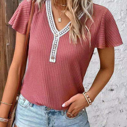 Romantic Flutter Sleeve Lace Trim Waffle Knit Top for Women