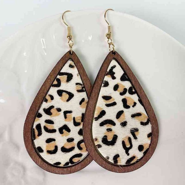 Rustic Elegance Cowhide Leather and Wood Teardrop Earrings - Bold Western-Inspired Statement Accessories