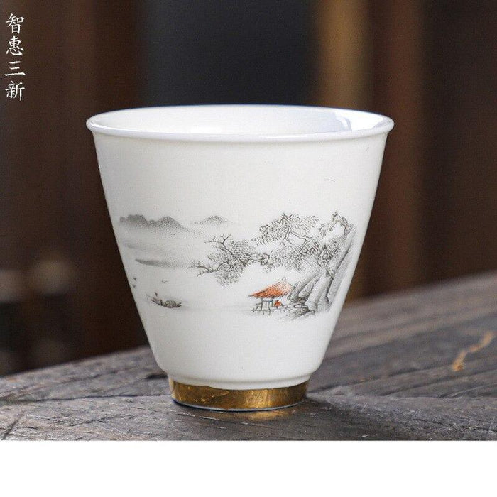 Crane Elegance White Porcelain Tea Cup for Good Fortune