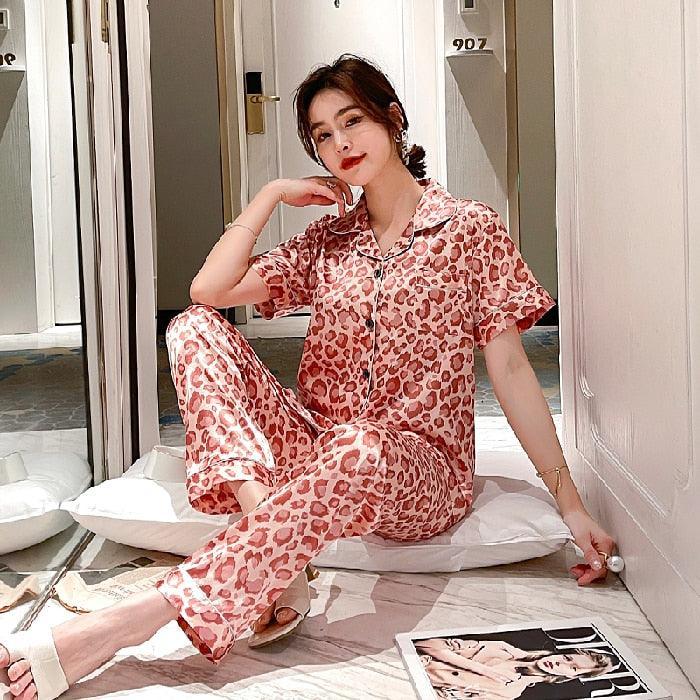 Leopard Print Satin Pajama Set - Luxurious Comfort for Women