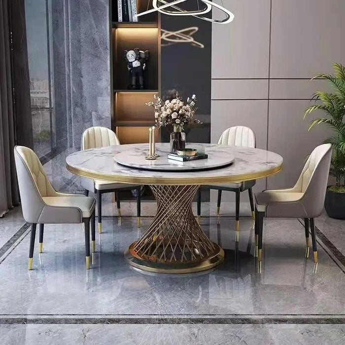 Golden Elegance Dining Table: Stylish Metal Cylinder Design