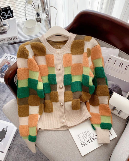 Chic Multicolor Plaid Knit Cardigan with O-neck | Cozy Winter Fashion Sweater