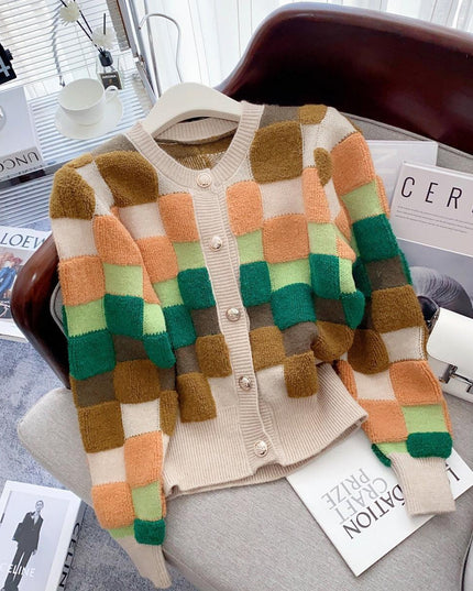 Chic Multicolor Plaid Knit Cardigan with O-neck | Cozy Winter Fashion Sweater