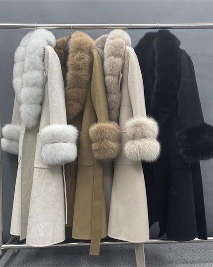 Chic Reversible Cashmere Coat with Fox Fur Trim - Women's Winter Elegance