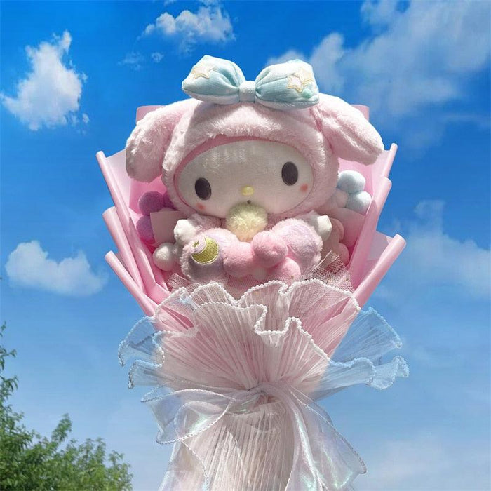 Sanrio Character Plush Bouquet - My Melody, Kuromi, Cinnamoroll & Kt Cat Plush Dolls Bouquet with Gift Box