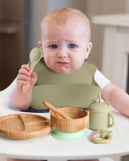 Bamboo Baby Feeding Set with Suction Plates and Rattle Toy - 7-Piece Collection