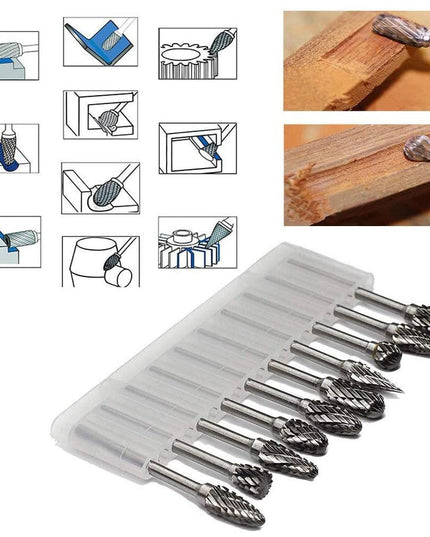 Tungsten Carbide Burr Set for Woodworking: 10-Piece Precision Tool Kit