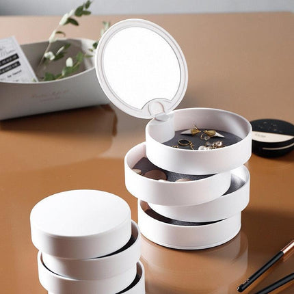 Chic European Jewelry Organizer with Rotating Mirror and Multi-Tiered Storage