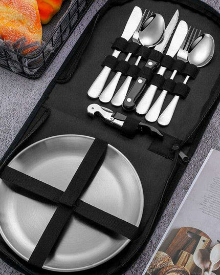 Compact Picnic Dining Set for Two - Durable Stainless Steel with Colorful Cloth Kit