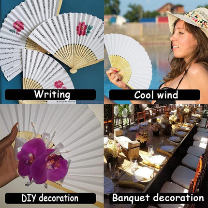 Elegant White Bamboo Handheld Fans - Premium Paper Fans Set for Weddings and Events