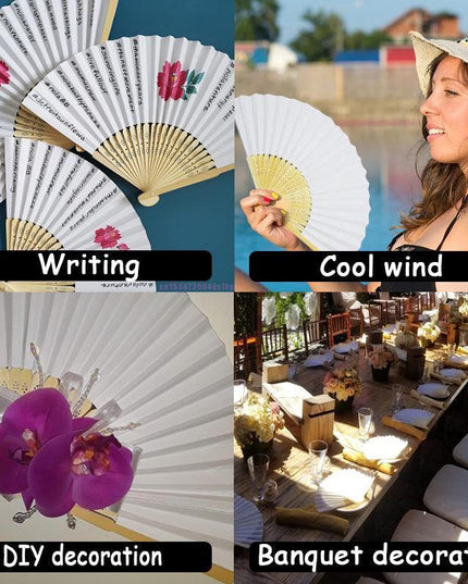 Elegant White Bamboo Handheld Fans - Premium Paper Fans Set for Weddings and Events