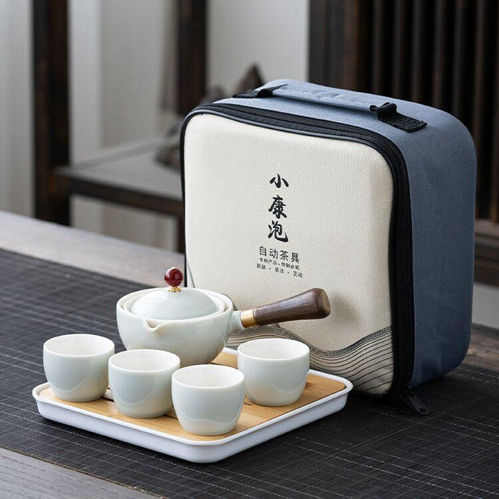 360° Rotating Porcelain China Gongfu Tea Set with Portable Teapot and Infuser Bag