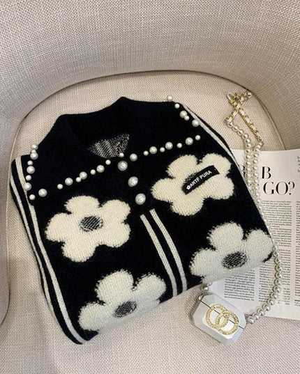 Vintage Pearl-Embellished Knit Pullover - Chic Autumn Sweater for Women