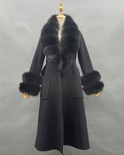 Chic Reversible Cashmere Coat with Fox Fur Trim - Women's Winter Elegance
