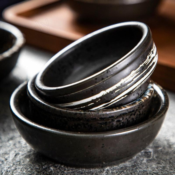 Retro Kiln Glaze Japanese Ceramic Sushi Plate and Mini Dipping Dish Set - Elegant Dining Collection