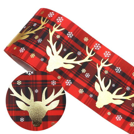 Elegant Gold Holiday Ribbon with Snowflakes and Deer - 75mm Width for Festive Crafts
