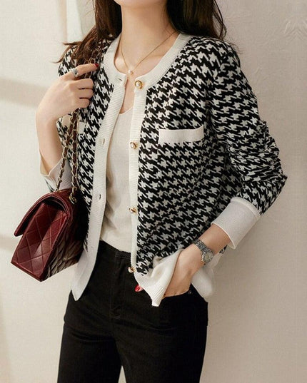Vintage Charm Houndstooth Knit Crop Sweater for Autumn Fashion