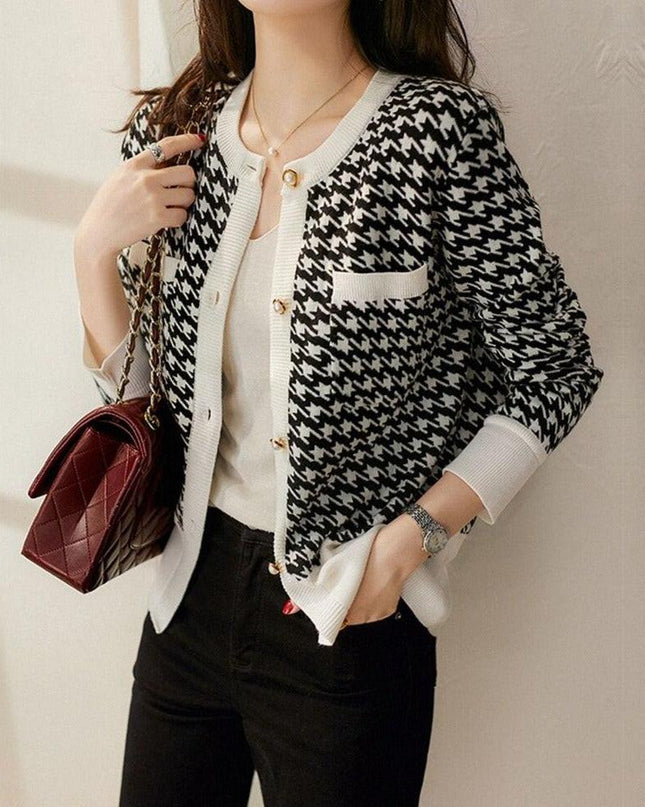 Vintage Charm Houndstooth Knit Crop Sweater for Autumn Fashion