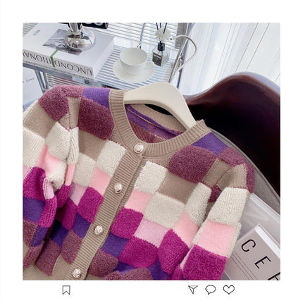 Chic Multicolor Plaid Knit Cardigan with O-neck | Cozy Winter Fashion Sweater