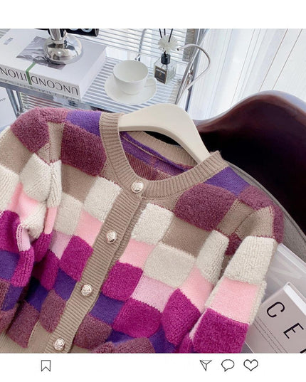 Chic Multicolor Plaid Knit Cardigan with O-neck | Cozy Winter Fashion Sweater