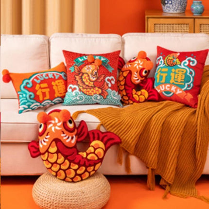 Lunar New Year Embroidered Tiger & Prosperity Fish Decorative Pillowcase
