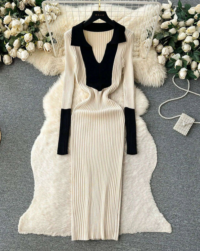 Elegant Knit Wrap Dress with Polo Collar for Autumn and Winter