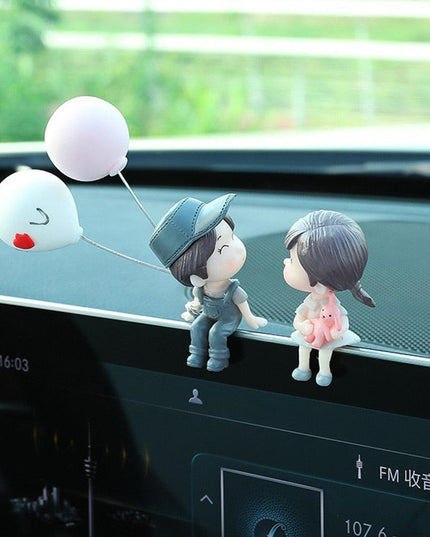 Charming Balloon-Bearing Cartoon Couple Dashboard Decor for Your Vehicle