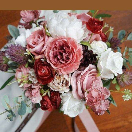 Timeless Elegance Burgundy and Dusty Pink Silk Rose Bridal Bouquet - European Vintage Collection