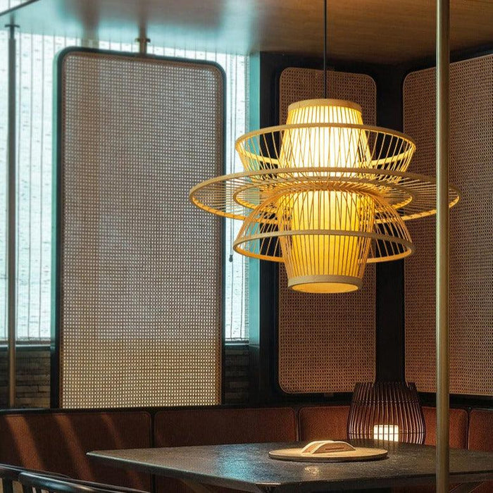 Bamboo Ceiling Chandelier: Hand-Woven Statement Piece for Home and Garden Decor