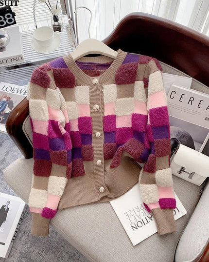 Chic Multicolor Plaid Knit Cardigan with O-neck | Cozy Winter Fashion Sweater